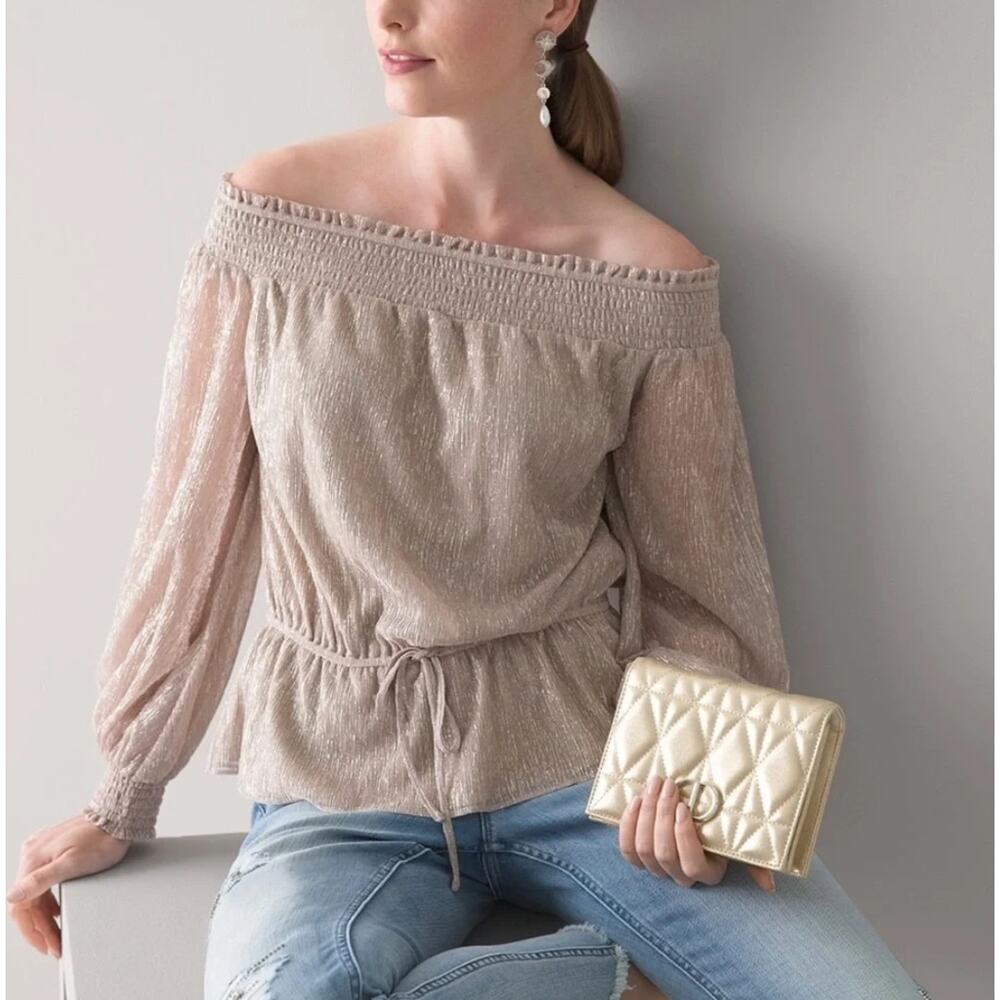 White House Black Market Off-The-Shoulder Smocked Top Pink Shimmer NWT Small